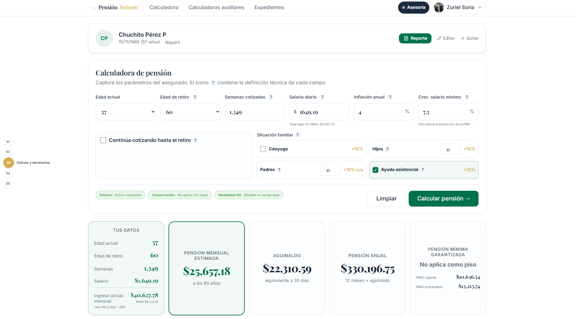 Comparación de escenarios de pensión y Modalidad 40 en PensionExpert (1/3)